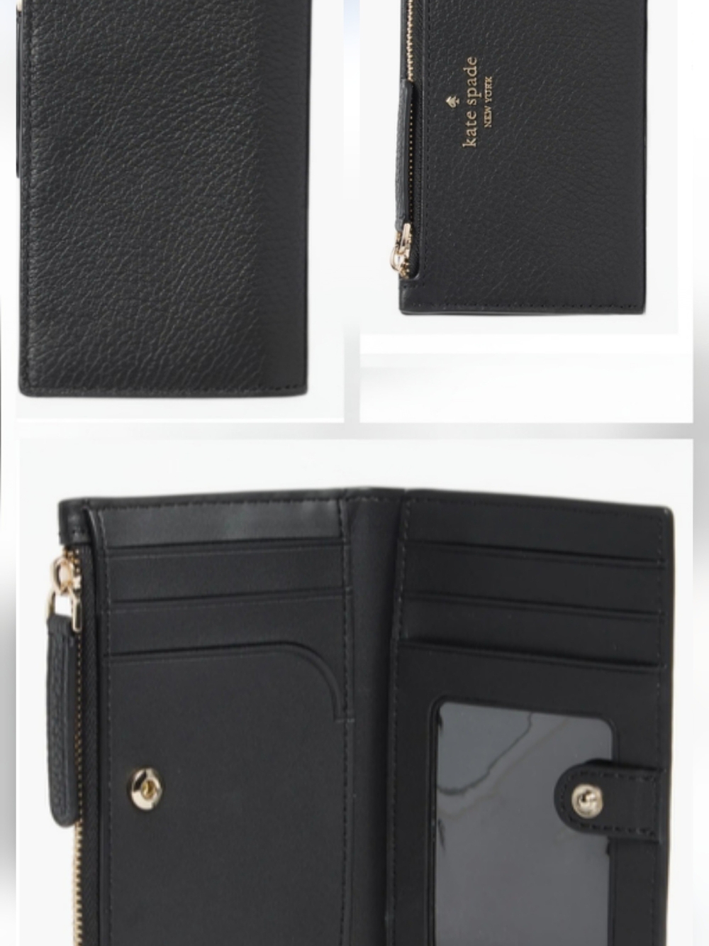 kate spade Black Pebbled Leather Zip Card Case with Gold Logo. - Picture 2 of 6